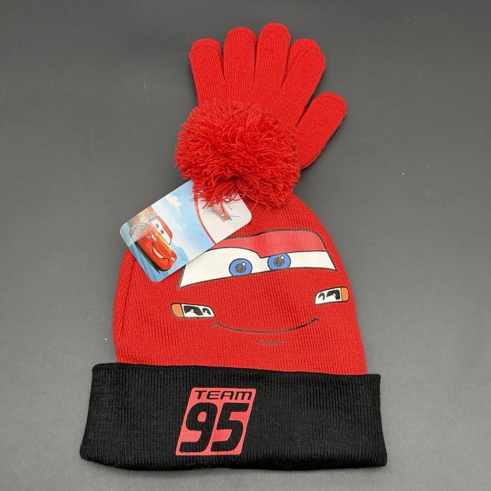 New Disney Boys Cars Lightning McQueen Beanie Hat Gloves Set Team 95 Red Pom